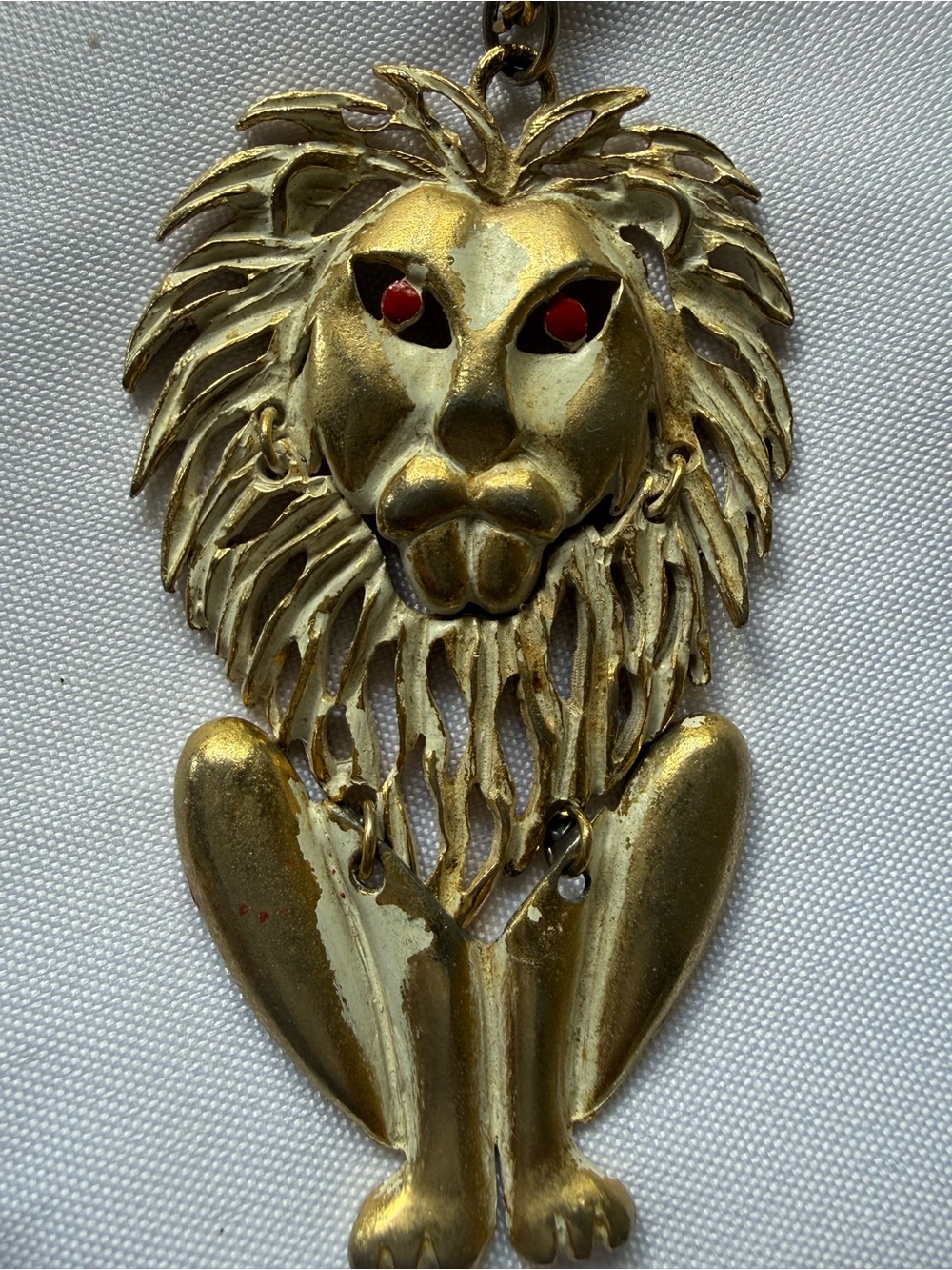 Vintage Antiqued Gold with White Long Lion Necklace